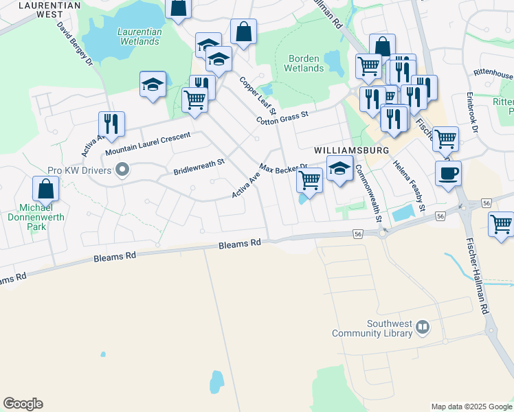 map of restaurants, bars, coffee shops, grocery stores, and more near 85 Donnenwerth Drive in Kitchener
