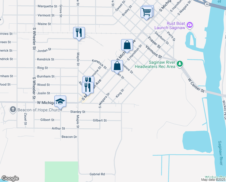 map of restaurants, bars, coffee shops, grocery stores, and more near 2249 South Niagara Street in Saginaw