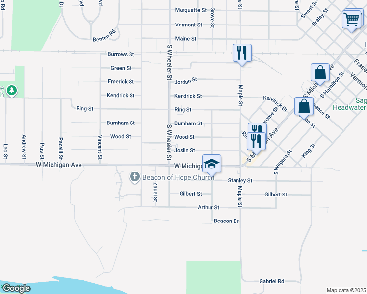 map of restaurants, bars, coffee shops, grocery stores, and more near 1843 Wood Street in Saginaw
