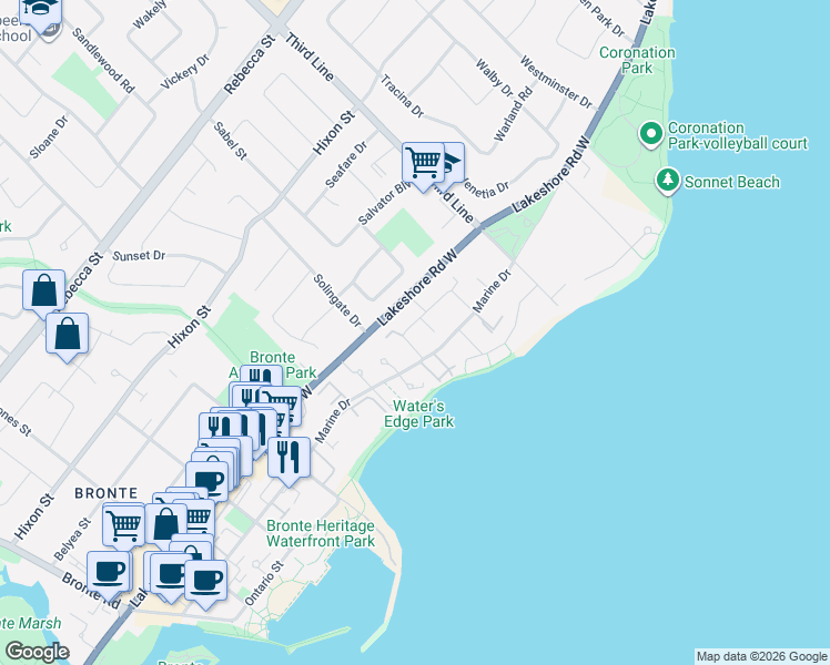 map of restaurants, bars, coffee shops, grocery stores, and more near 2100 Worthington Drive in Oakville