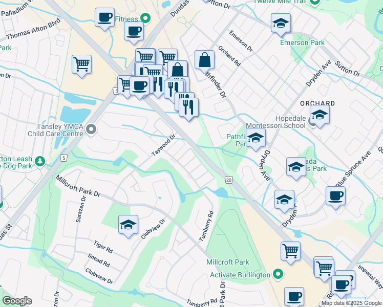 map of restaurants, bars, coffee shops, grocery stores, and more near 2243 Turnberry Road in Burlington