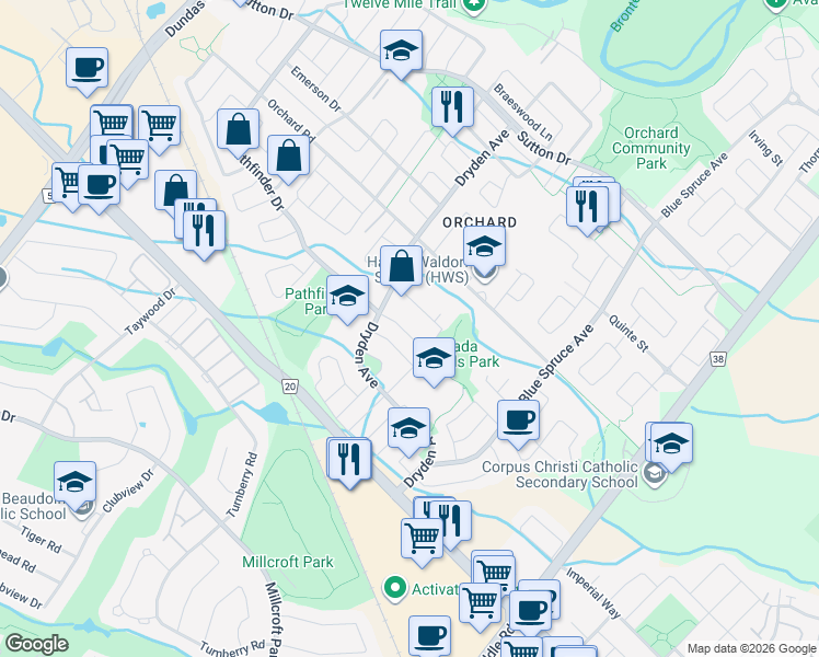 map of restaurants, bars, coffee shops, grocery stores, and more near 2215 Bluegrass Lane in Burlington