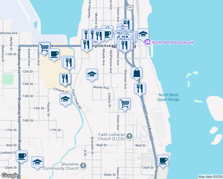 map of restaurants, bars, coffee shops, grocery stores, and more near 2293 McPherson Street in North Bend