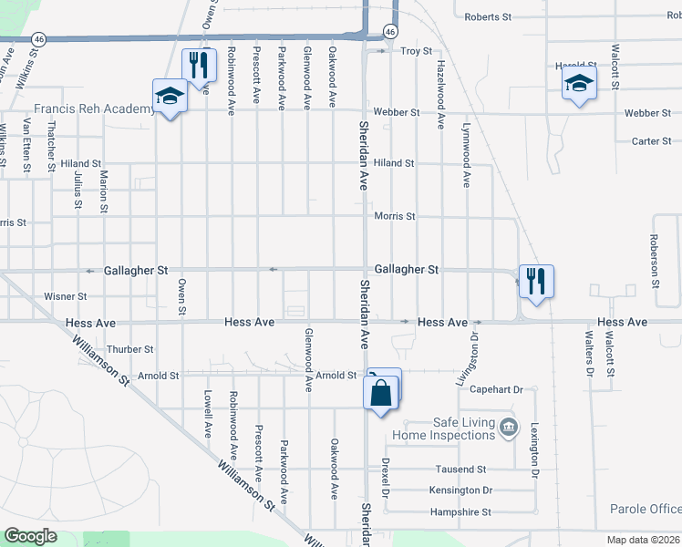 map of restaurants, bars, coffee shops, grocery stores, and more near 2620 Oakwood Avenue in Saginaw