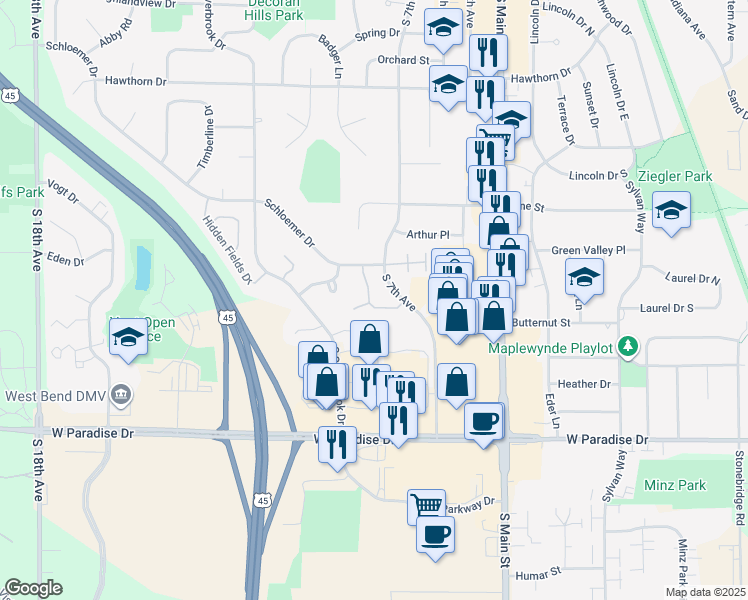 map of restaurants, bars, coffee shops, grocery stores, and more near 1413 Ridgewood Drive in West Bend