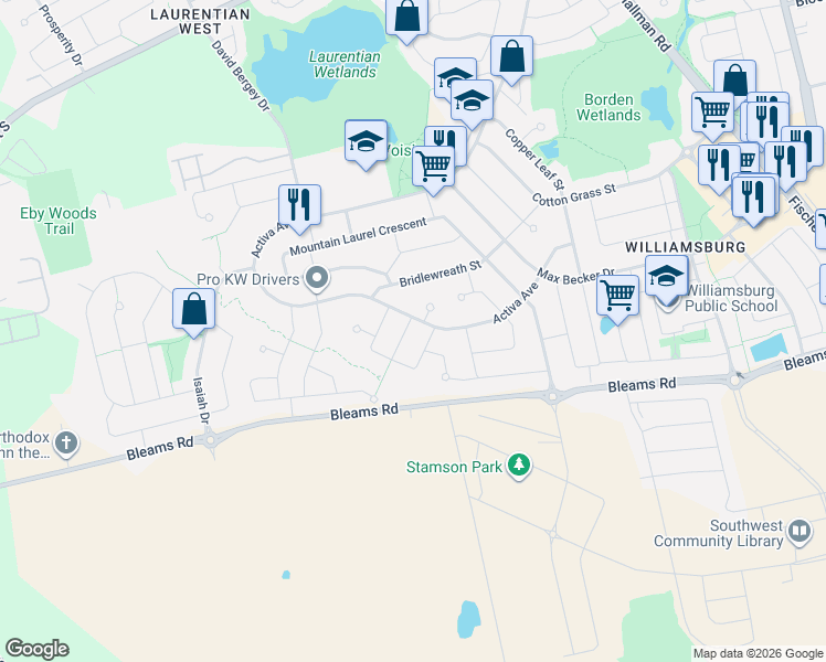map of restaurants, bars, coffee shops, grocery stores, and more near 11 Reistview Street in Kitchener