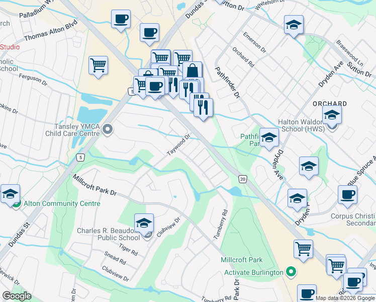 map of restaurants, bars, coffee shops, grocery stores, and more near 2511 Taywood Drive in Burlington