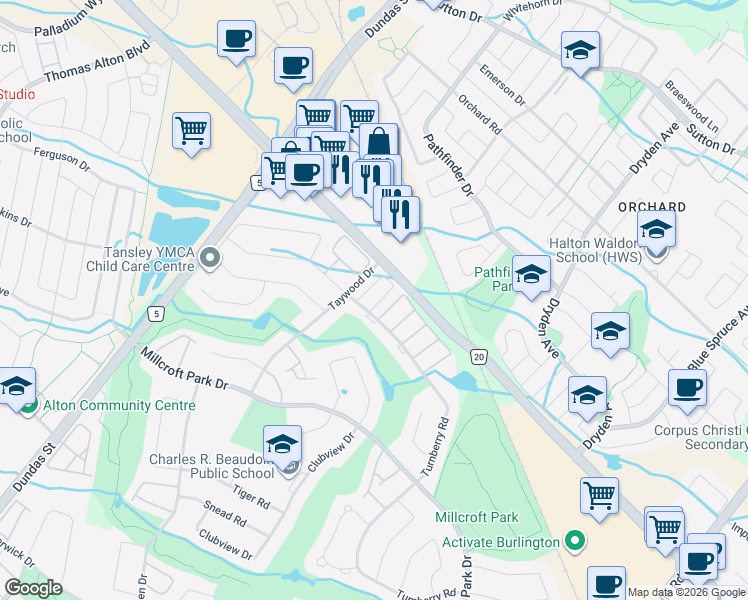 map of restaurants, bars, coffee shops, grocery stores, and more near 2511 Taywood Drive in Burlington
