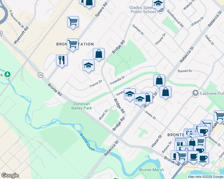 map of restaurants, bars, coffee shops, grocery stores, and more near 2448 Bridge Road in Oakville