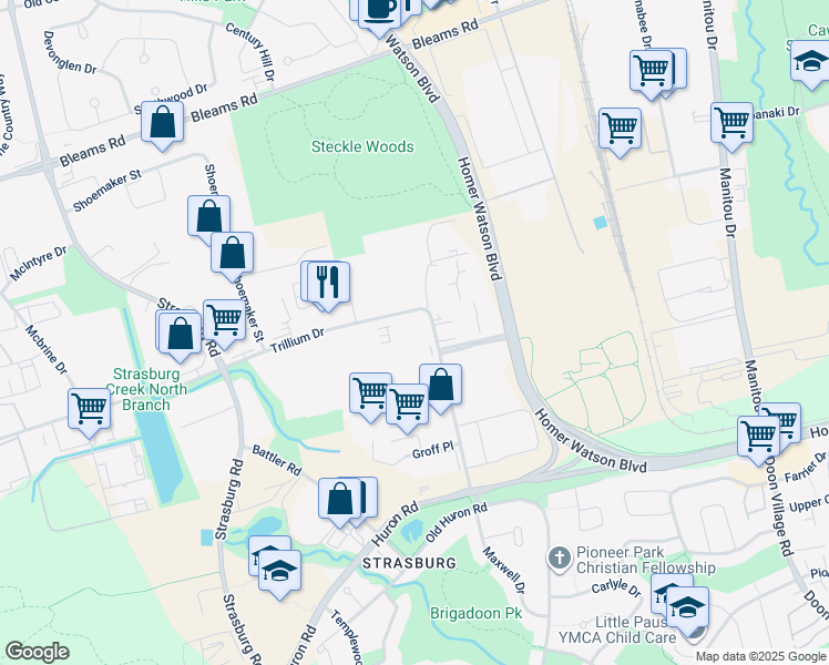map of restaurants, bars, coffee shops, grocery stores, and more near 199 Trillium Drive in Kitchener