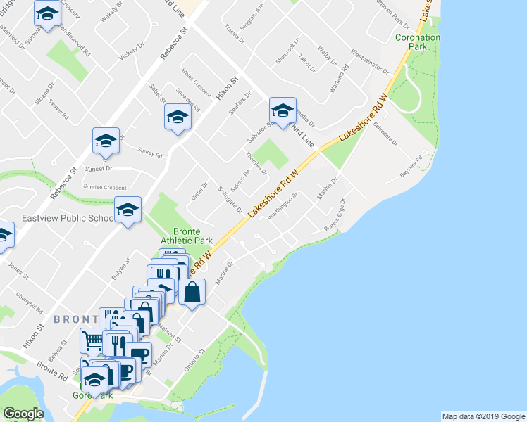 map of restaurants, bars, coffee shops, grocery stores, and more near 2108 Lakeshore Road West in Oakville