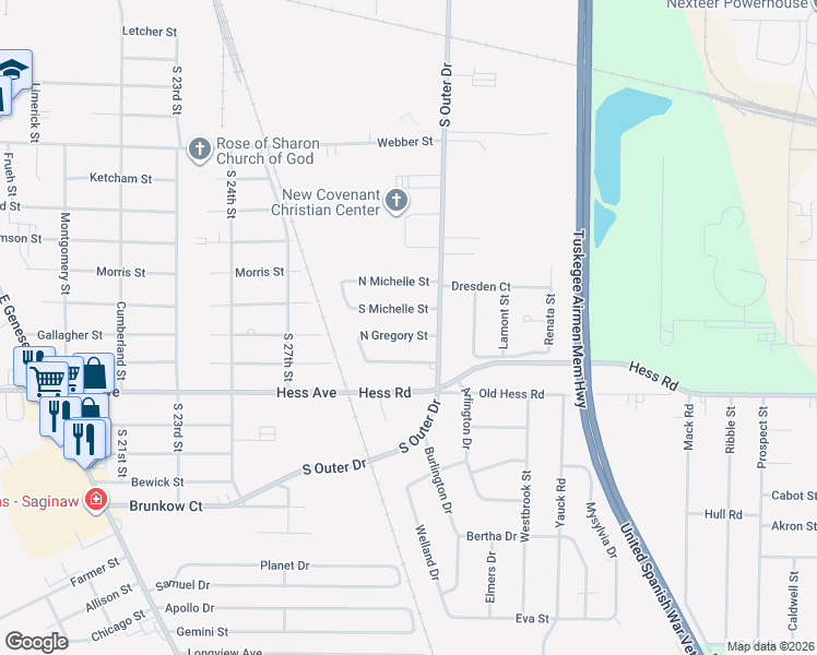 map of restaurants, bars, coffee shops, grocery stores, and more near 4666 South Michelle Street in Saginaw