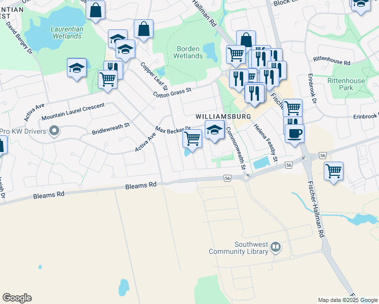 map of restaurants, bars, coffee shops, grocery stores, and more near in Kitchener