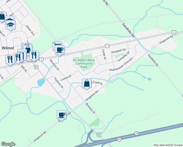 map of restaurants, bars, coffee shops, grocery stores, and more near 4 Stiefelmeyer Crescent in Baden