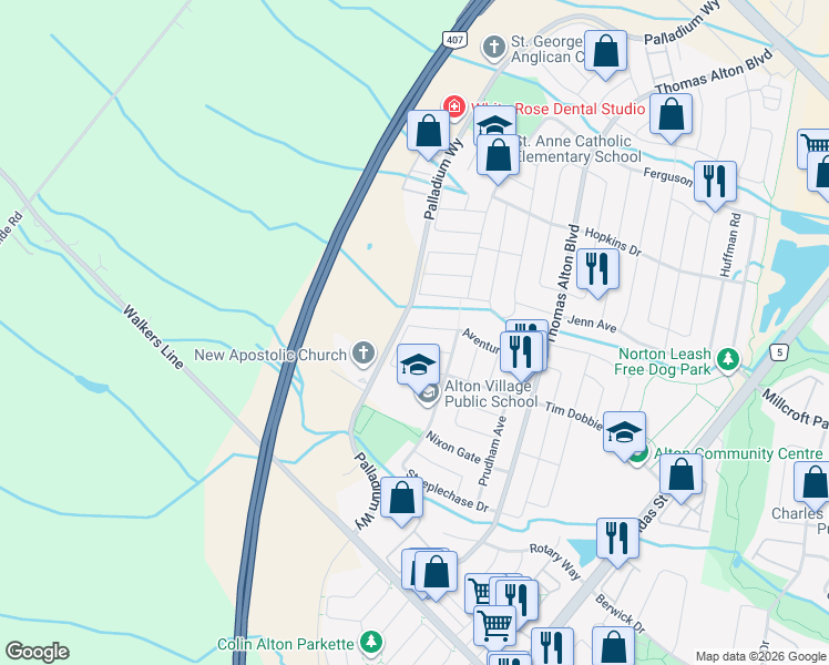 map of restaurants, bars, coffee shops, grocery stores, and more near 3360 Hiscott Avenue in Burlington