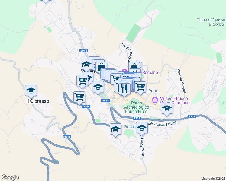 map of restaurants, bars, coffee shops, grocery stores, and more near 7 Via Ricciarelli in Volterra