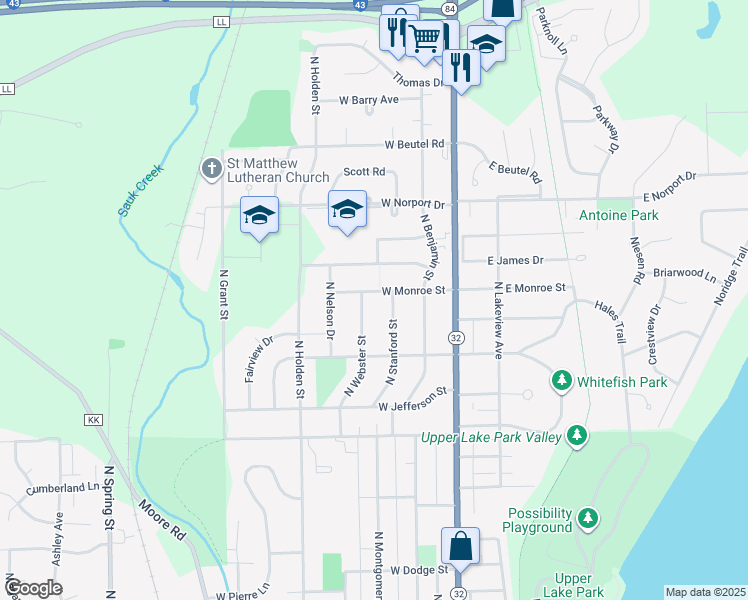map of restaurants, bars, coffee shops, grocery stores, and more near 319 W Monroe St in Port Washington