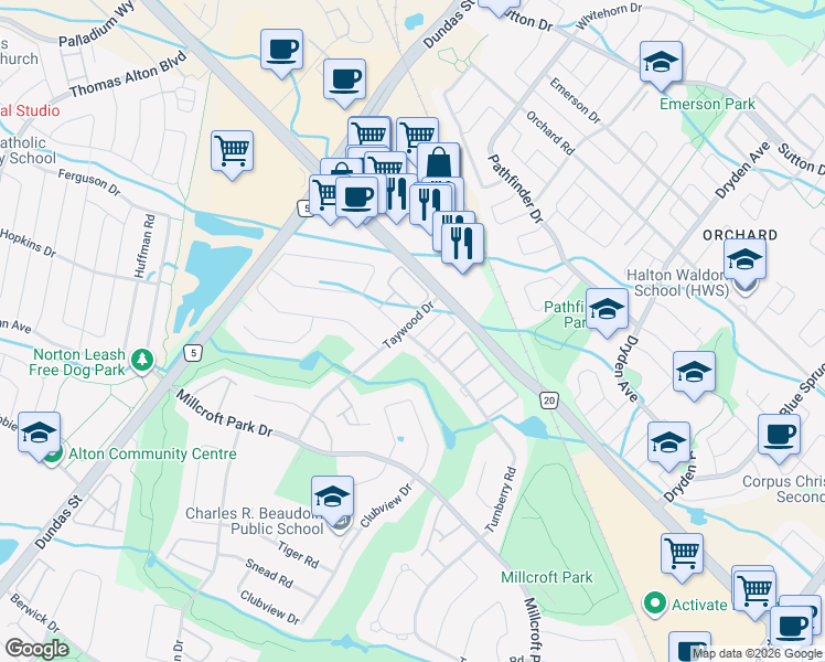 map of restaurants, bars, coffee shops, grocery stores, and more near 2511 Taywood Drive in Burlington