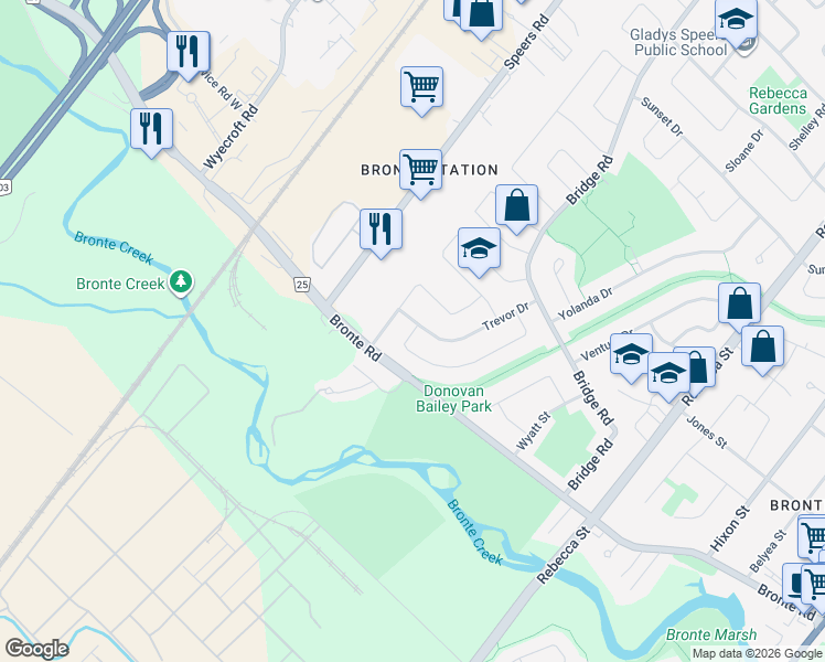 map of restaurants, bars, coffee shops, grocery stores, and more near 2526 Woburn Crescent in Oakville