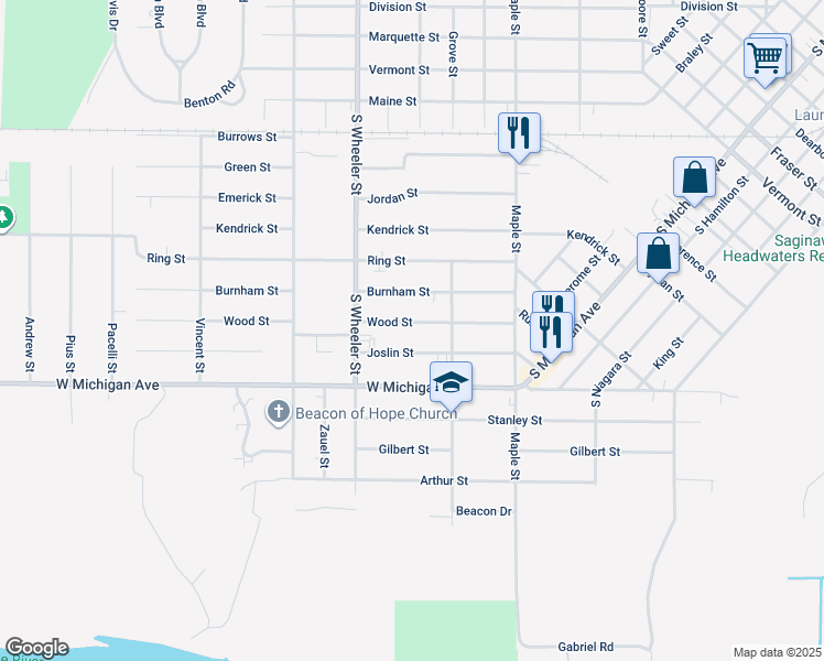 map of restaurants, bars, coffee shops, grocery stores, and more near 1843 Wood Street in Saginaw
