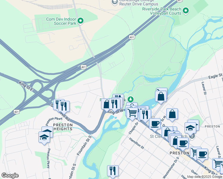 map of restaurants, bars, coffee shops, grocery stores, and more near 237 King Street West in Cambridge