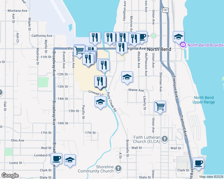 map of restaurants, bars, coffee shops, grocery stores, and more near 2290 Hamilton Avenue in North Bend