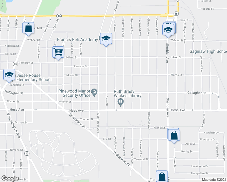 map of restaurants, bars, coffee shops, grocery stores, and more near 2625 Lowell Avenue in Saginaw