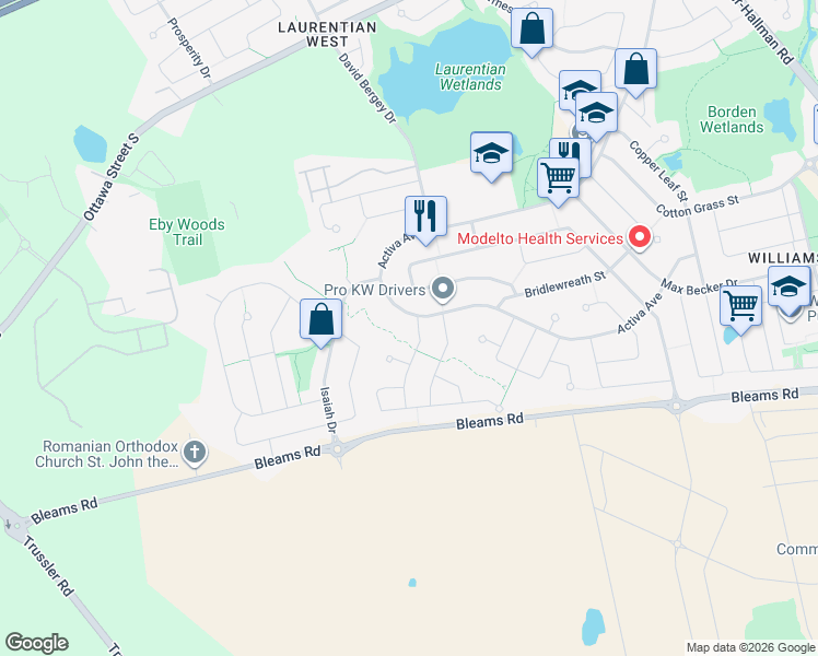 map of restaurants, bars, coffee shops, grocery stores, and more near 5 Snowdrop Crescent in Kitchener