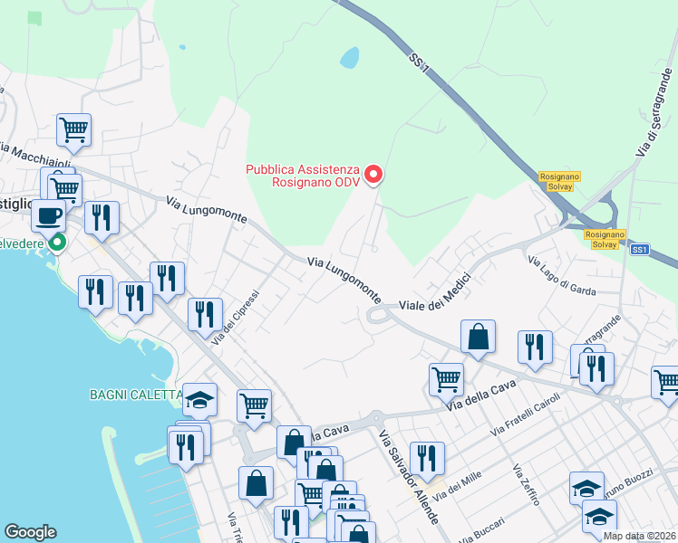map of restaurants, bars, coffee shops, grocery stores, and more near 1 Località Pel di Lupo in Livorno