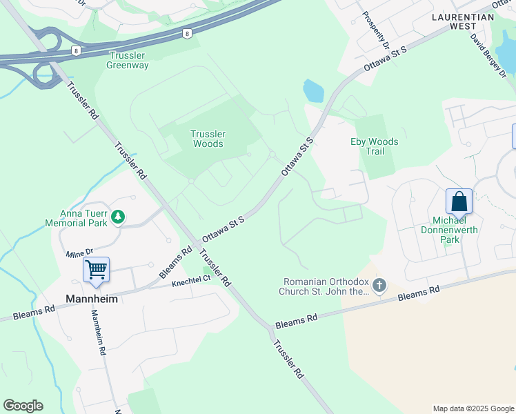 map of restaurants, bars, coffee shops, grocery stores, and more near 2062 Ottawa Street South in Kitchener