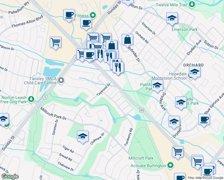 map of restaurants, bars, coffee shops, grocery stores, and more near in Burlington