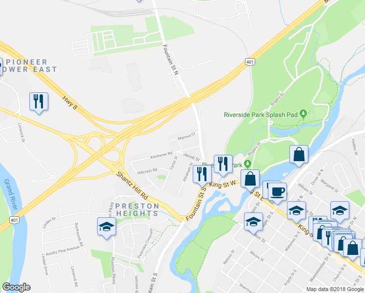 map of restaurants, bars, coffee shops, grocery stores, and more near 138 Kitchener Road in Cambridge