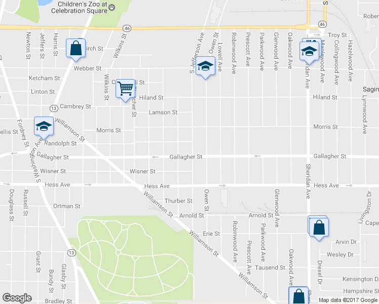 map of restaurants, bars, coffee shops, grocery stores, and more near 2619 South Jefferson Avenue in Saginaw