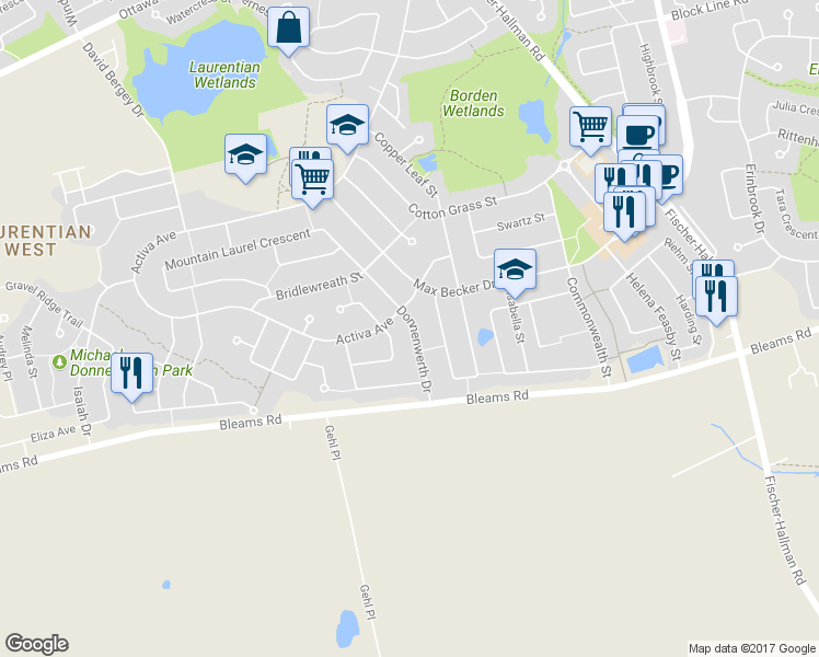 map of restaurants, bars, coffee shops, grocery stores, and more near 85 Donnenwerth Drive in Kitchener