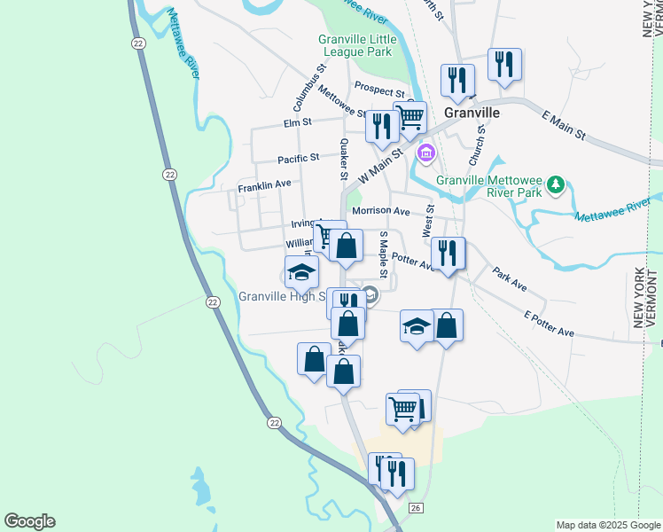 map of restaurants, bars, coffee shops, grocery stores, and more near 45 Quaker Street in Granville