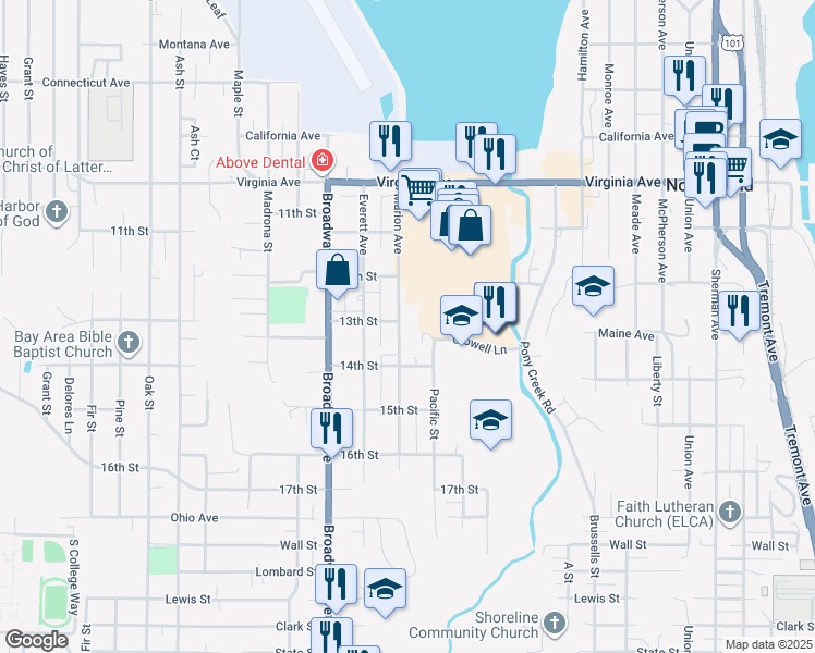 map of restaurants, bars, coffee shops, grocery stores, and more near 2319 Marion Avenue in North Bend