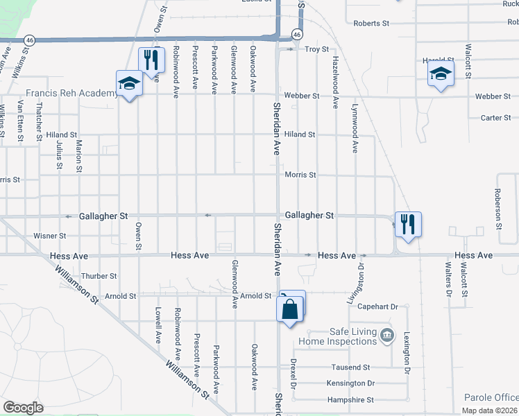 map of restaurants, bars, coffee shops, grocery stores, and more near 2620 Oakwood Avenue in Saginaw