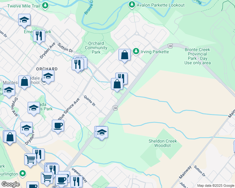 map of restaurants, bars, coffee shops, grocery stores, and more near 5317 Upper Middle Road in Burlington