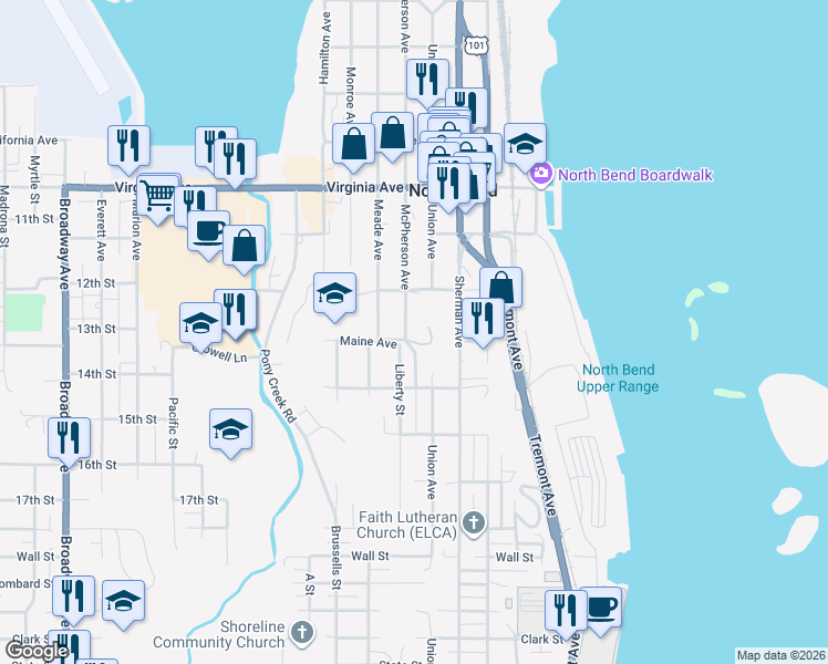map of restaurants, bars, coffee shops, grocery stores, and more near 2293 McPherson Street in North Bend