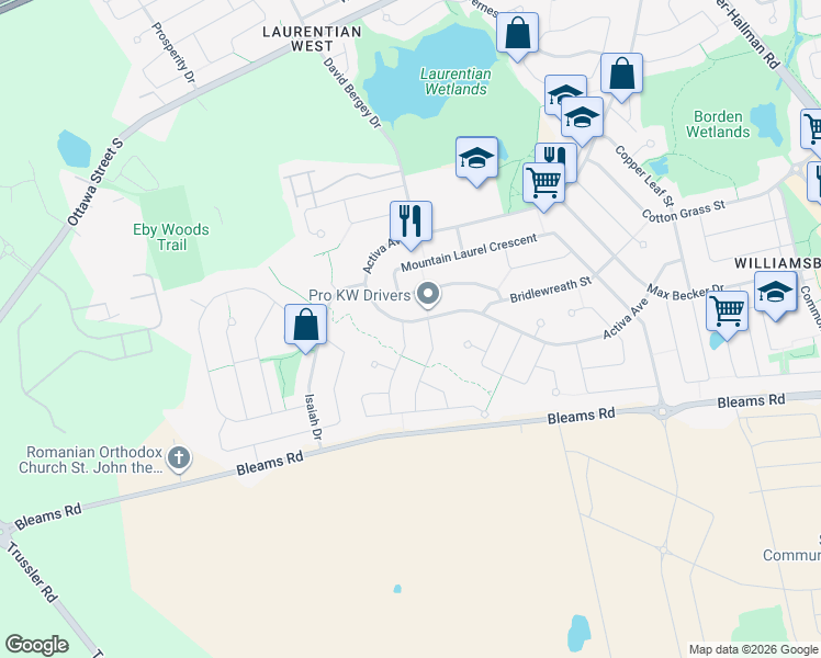 map of restaurants, bars, coffee shops, grocery stores, and more near 5 Snowdrop Crescent in Kitchener