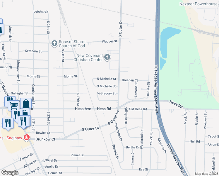 map of restaurants, bars, coffee shops, grocery stores, and more near 4666 South Michelle Street in Saginaw