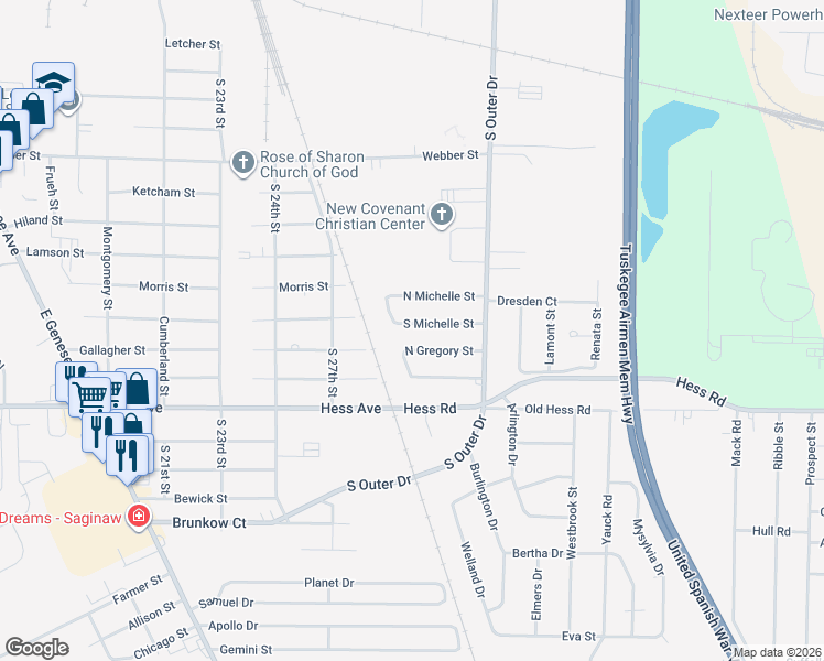 map of restaurants, bars, coffee shops, grocery stores, and more near 4622 South Michelle Street in Saginaw