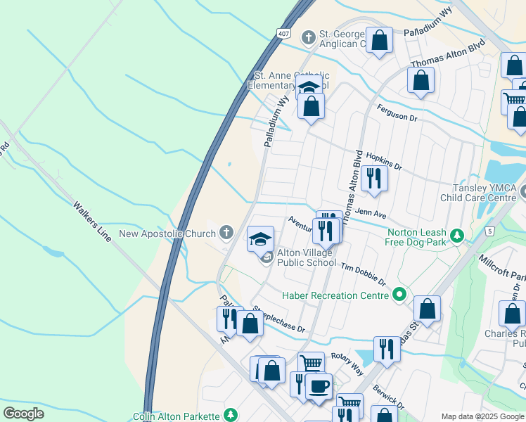 map of restaurants, bars, coffee shops, grocery stores, and more near 3355 Hiscott Avenue in Burlington