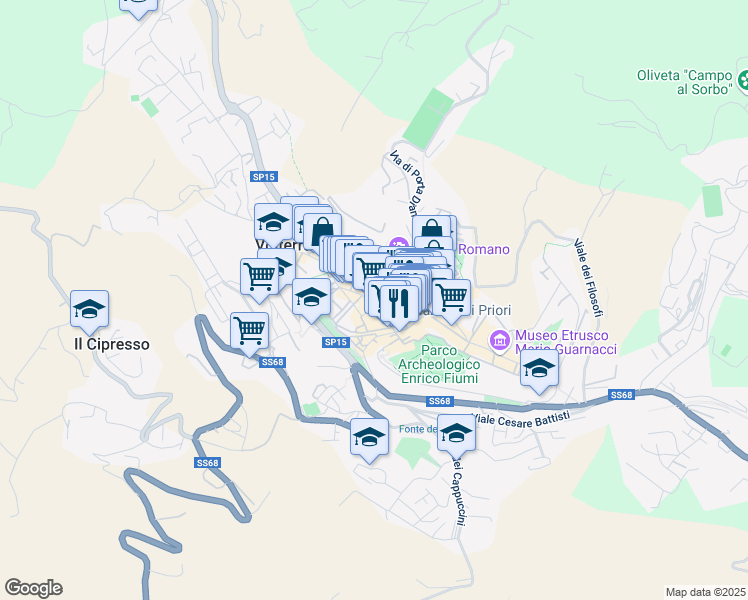 map of restaurants, bars, coffee shops, grocery stores, and more near 7 Via Ricciarelli in Volterra