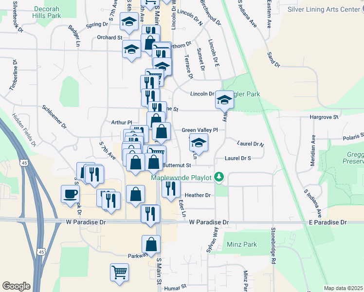 map of restaurants, bars, coffee shops, grocery stores, and more near 1407 Eder Lane in West Bend