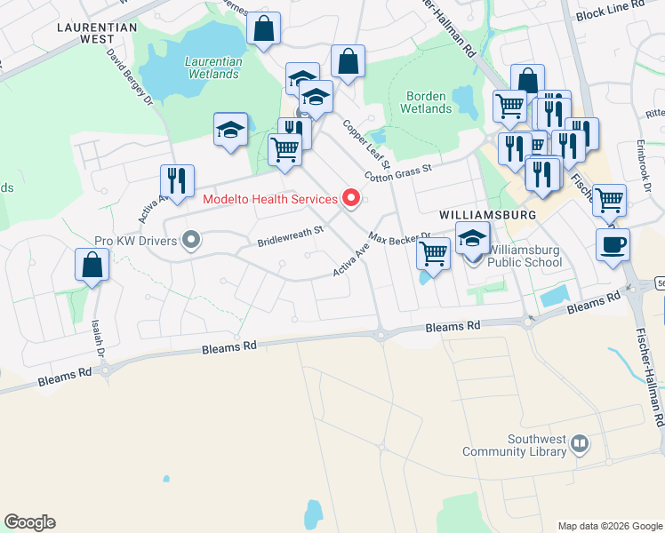 map of restaurants, bars, coffee shops, grocery stores, and more near 734 Activa Avenue in Kitchener