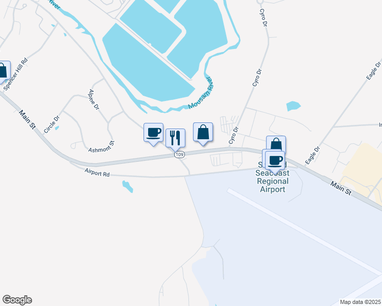 map of restaurants, bars, coffee shops, grocery stores, and more near 1749 Main Street in Sanford