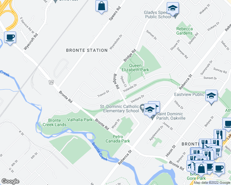 map of restaurants, bars, coffee shops, grocery stores, and more near 2436 Woburn Crescent in Oakville