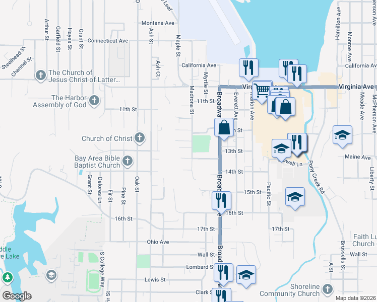 map of restaurants, bars, coffee shops, grocery stores, and more near 2300 Madrona Street in North Bend