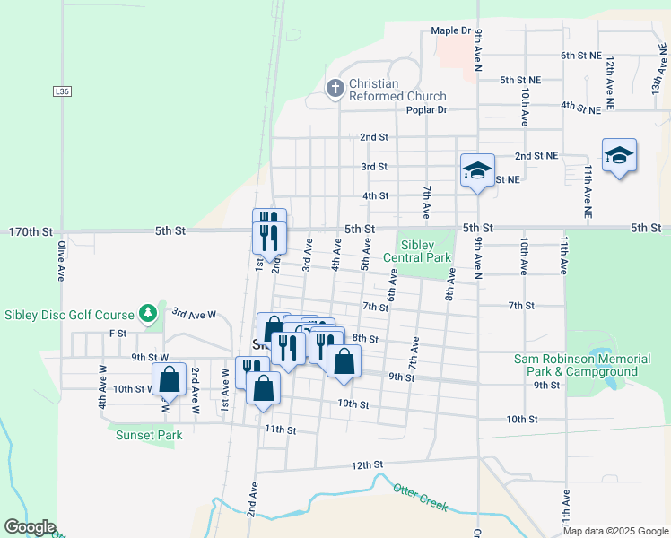 map of restaurants, bars, coffee shops, grocery stores, and more near 401 6th Street in Sibley
